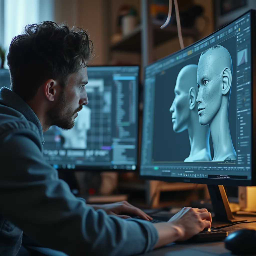 Artista trabajando en modelado 3D de personaje