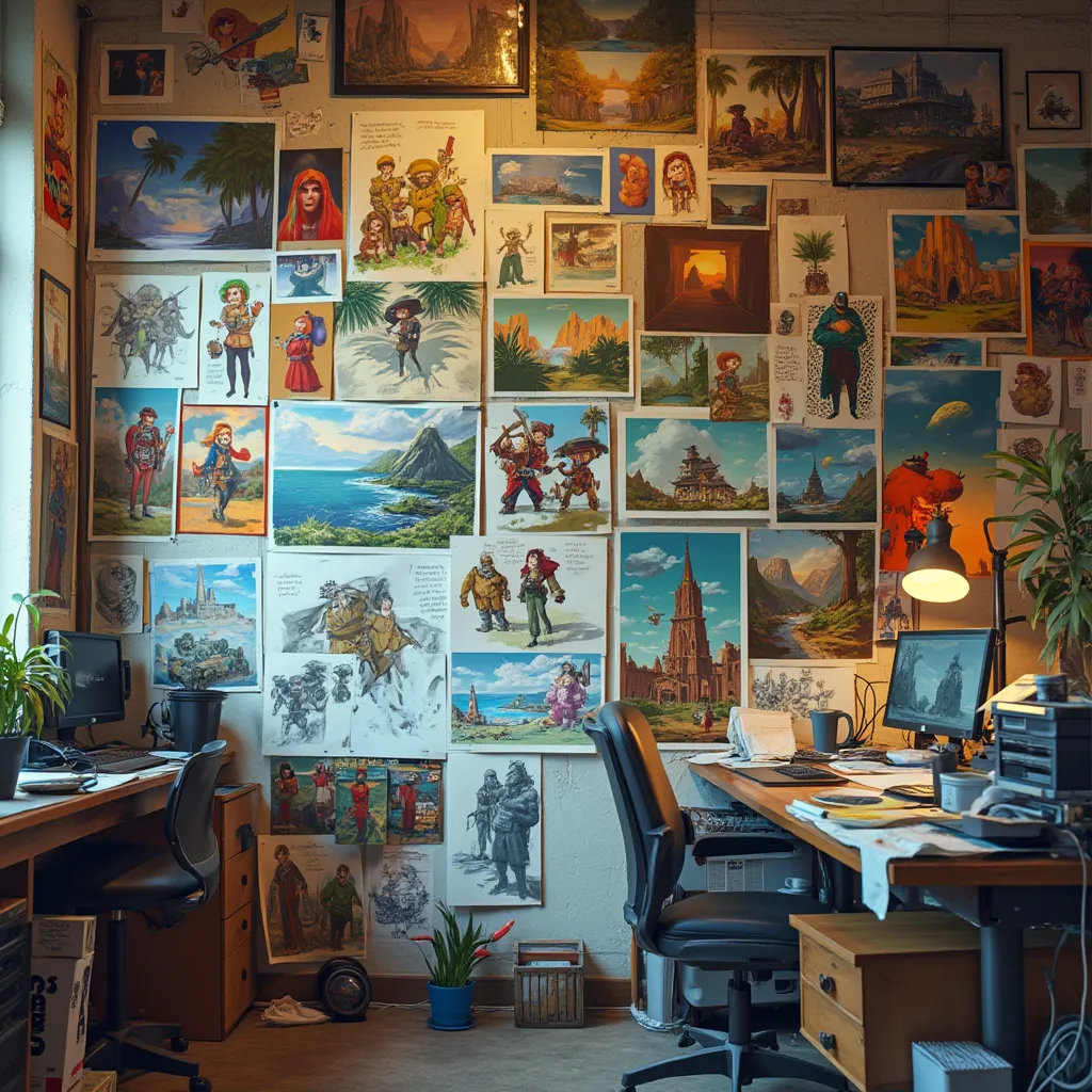 Pared con arte conceptual y diseños de personajes
